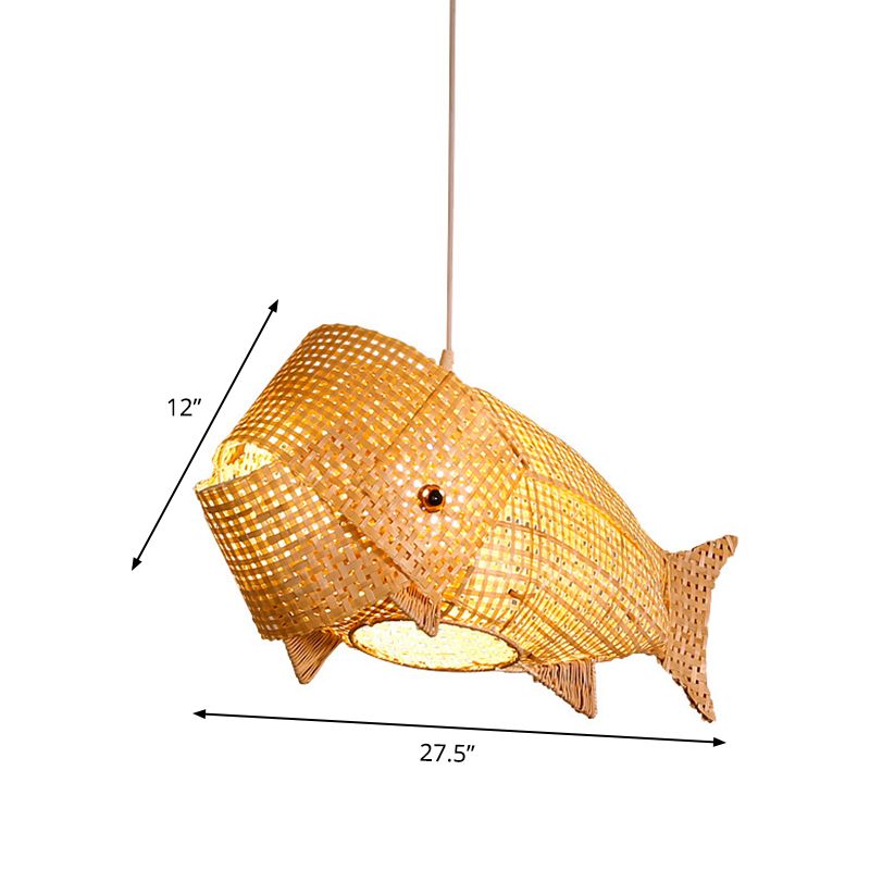 Carp Fish Restaurant Hanging Light Bamboo Woven 1-Light Chinese Ceiling Pendant in Beige