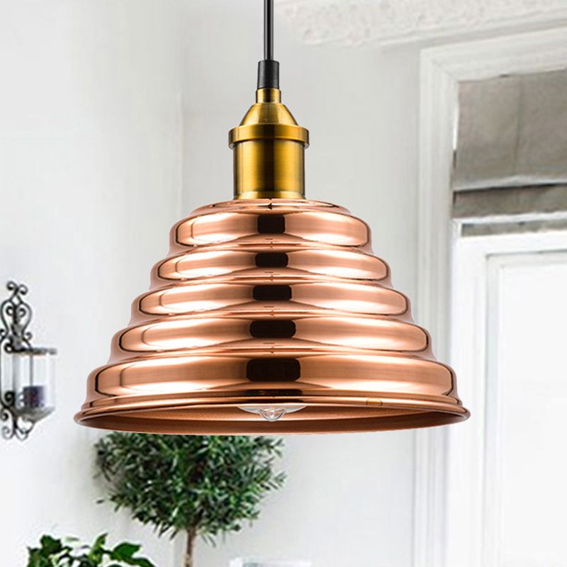 Ribbed Cone Shade Ceiling Lighting Modern Metal 1 Light Rose Gold Bedroom Hanging Pendant Light