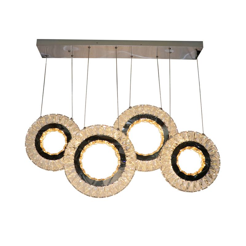 4-Ring Clear Crystal Blocks Suspension Light Contemporary LED Porch Multi Ceiling Lamp in Black