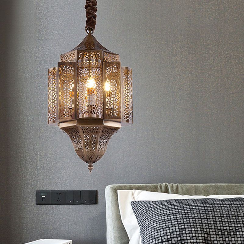 Brass Lantern Suspension Lamp Arab Metal 3-Bulb Restaurant Chandelier Pendant Light