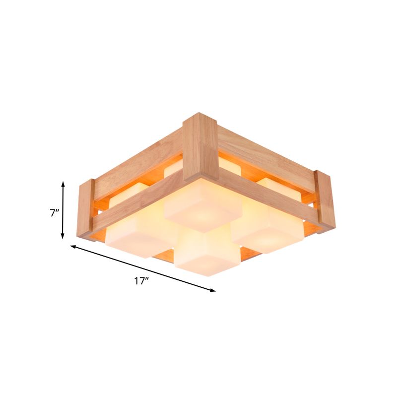 White Glass Square Flushmount Light Modern Asia 4-Light Wood LED Flush Lamp for Living Room