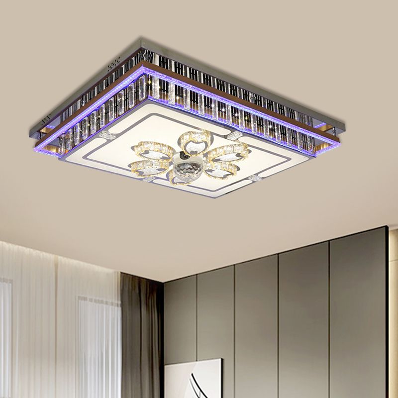 Rectangle Parlor Flush Mount Modern Clear Crystal Blocks Stainless-Steel LED Light Fixture Ceiling with Flower Pattern