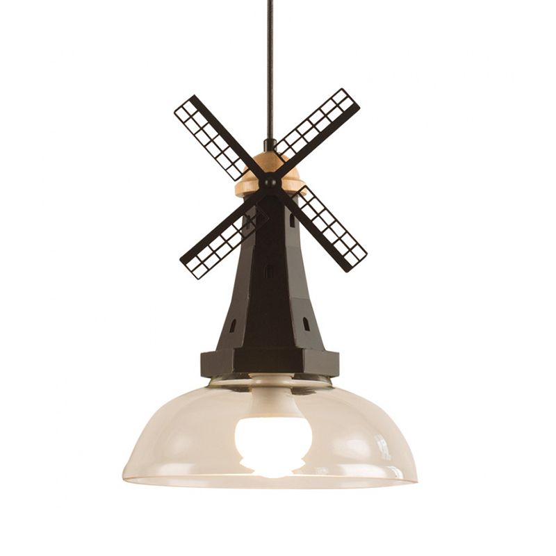 Windmill Ceiling Lighting Designer 1 Head Iron White/Black Hanging Lamp Fixture with Bowl Clear Glass Shade