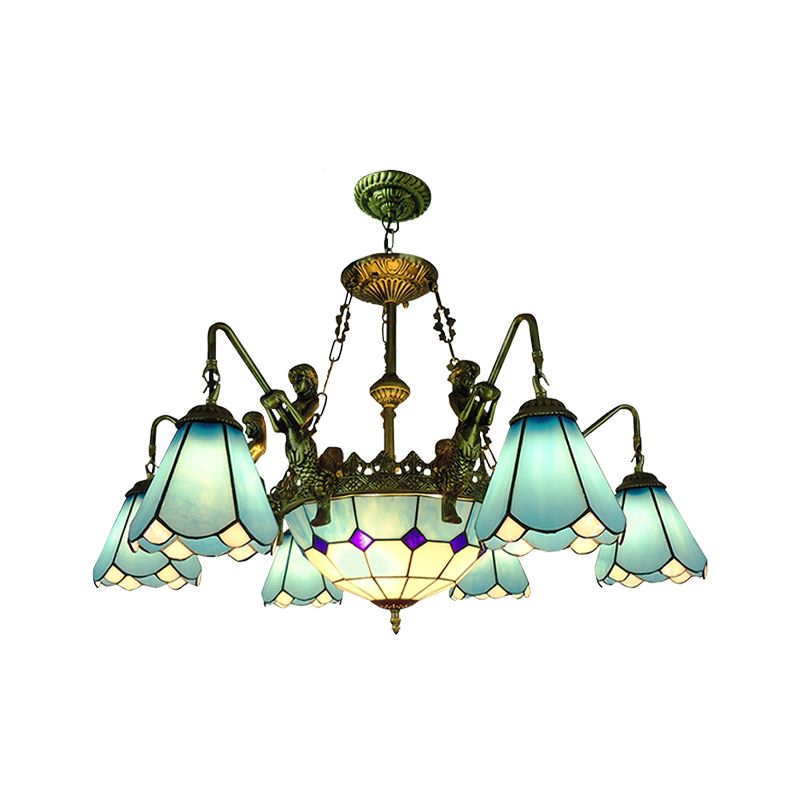 7/9 Lights Living Room Chandelier Light Tiffany Bronze Pendant Lighting Fixture with Cone Yellow/Blue Glass Shade