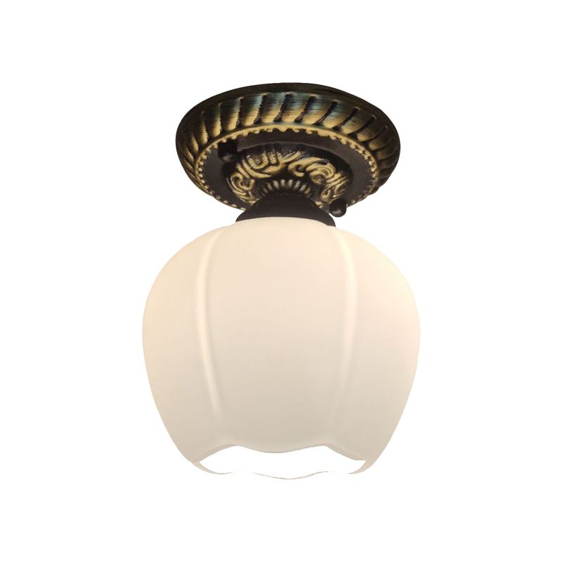 Country Blossom Ceiling Flush Single Bulb Milky Glass Flush Mount Lighting in Brown