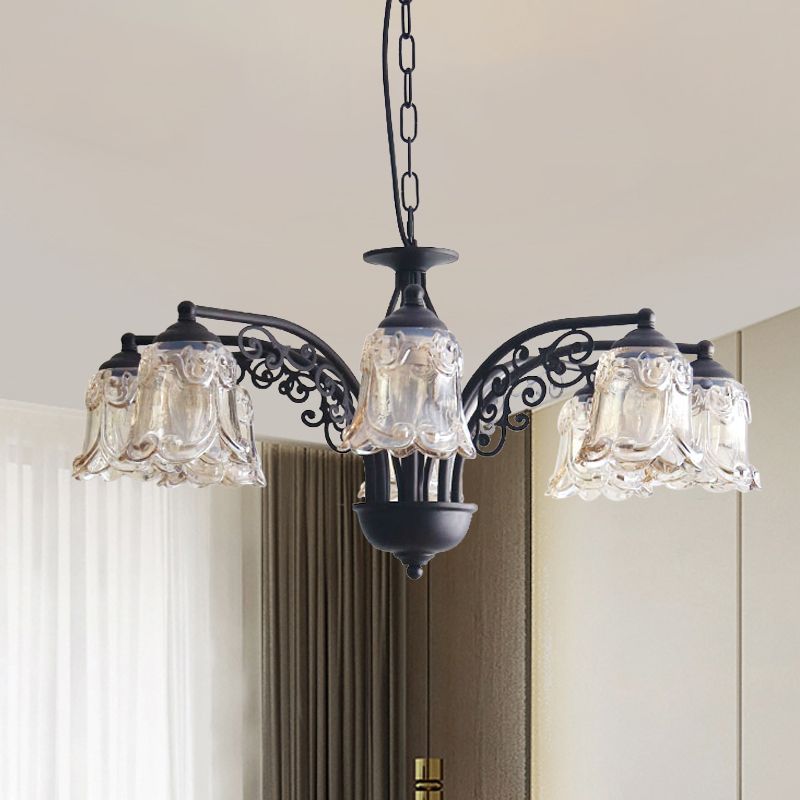 Black Curvy Arm Hanging Chandelier Rural Style Metallic 6/8 Lights Living Room Suspension Pendant