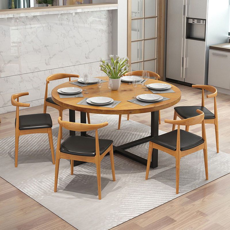 Modern Round Dining Table for Home Brown Solid Wood Table with Metal Base
