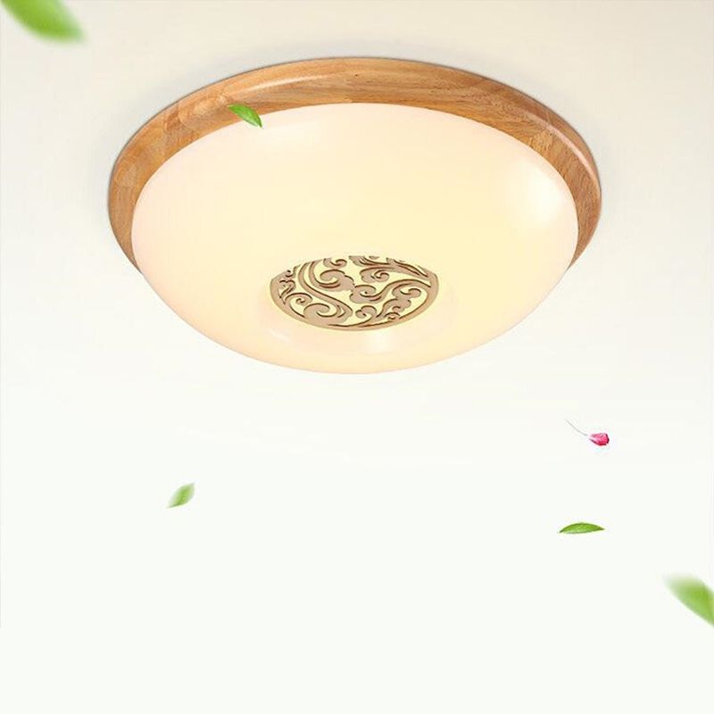 Wood Bowl Ceiling Flush Mount Modern 14"/16"/18" W LED Acrylic Flushmount Lighting with Swirl Floral Carve, Warm/White Light