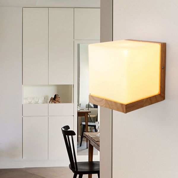 1 Light Wall Sconce Lamp Creative Modern Wood Glass Shade Wall Light for Stairs