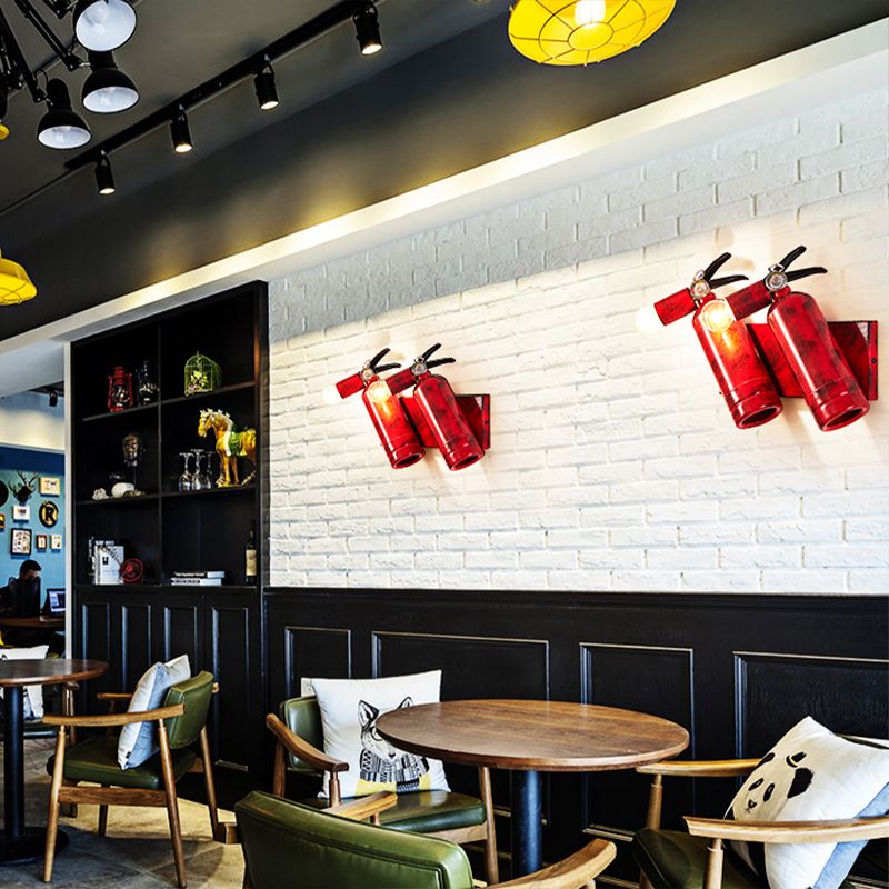 2 Lights Fire Extinguisher Sconce Lamp Rustic Loft Metal Wall Lighting for Kitchen in Red