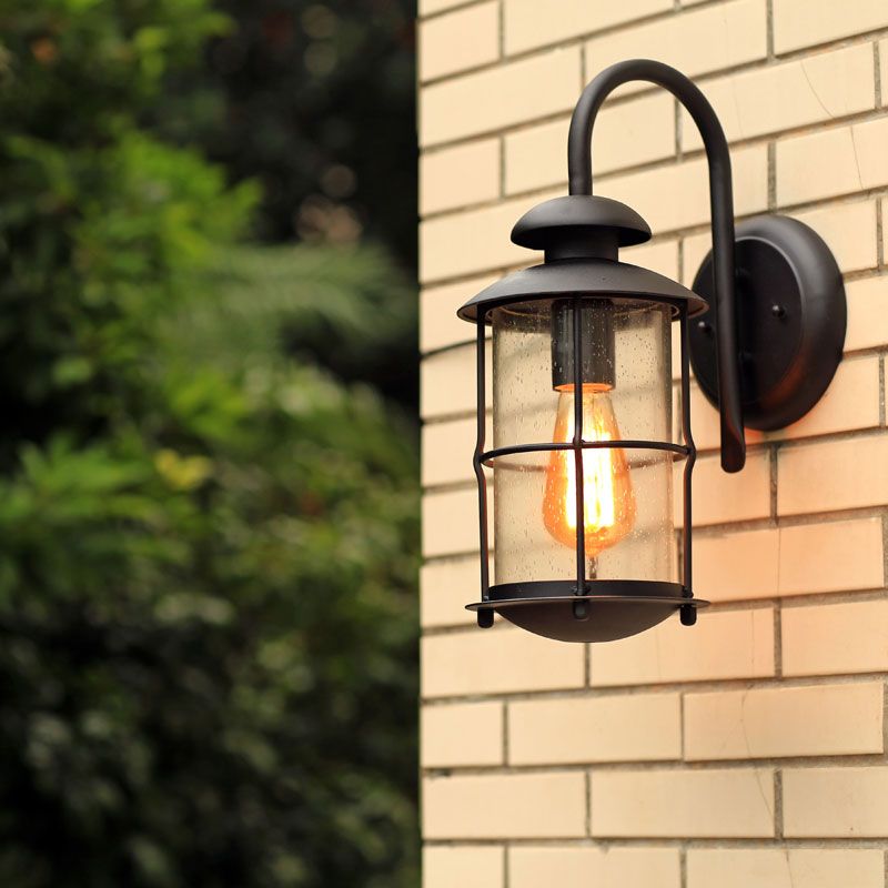 Cylinder Shaped Clear Glass Wall Mount Light Retro 1-Light Outdoor Wall Lighting in Black
