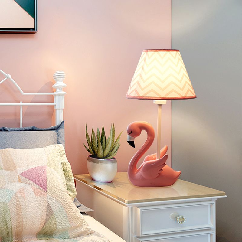 Cone Shade Bedroom Nightstand Lamp Fabric 1 Head Kid Table Lamp with Flamingo Base, Pink