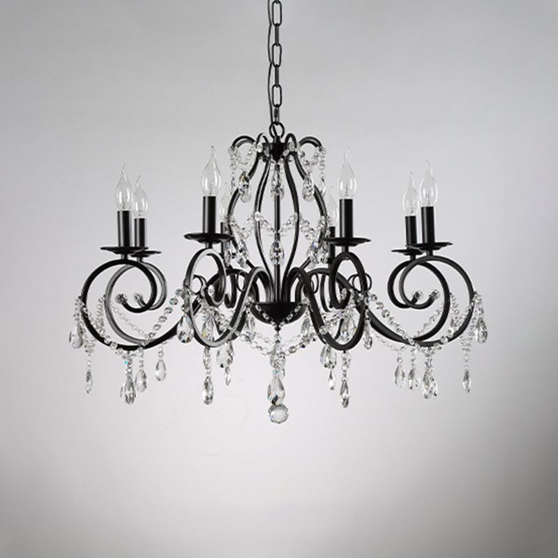 Retro Candlestick Chandelier Iron Hanging Lamp with Crystal for Living Room