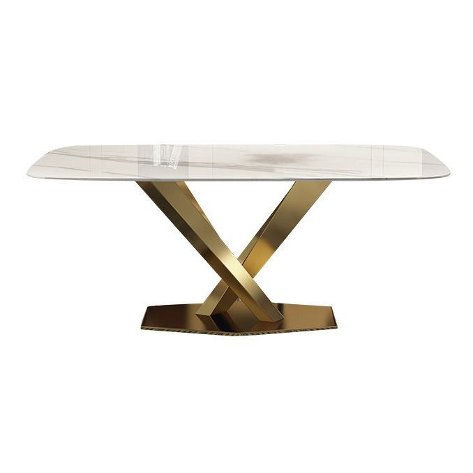 Rectangle Traditional Luxury Dining Table White Sintered Stone Table with Gold Metal Pedestal Base