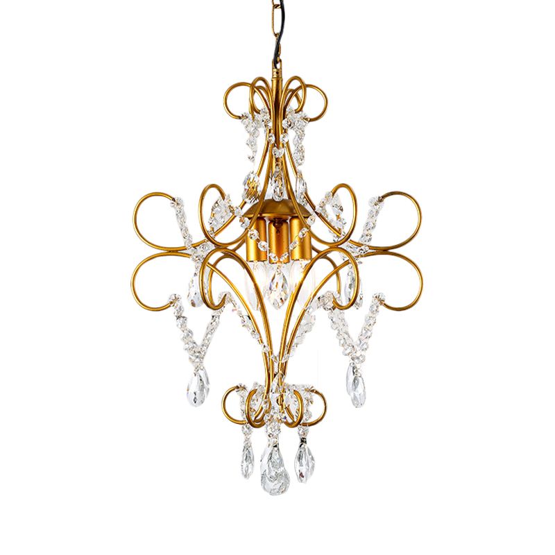 Gold Bent Arm Frame Chandelier Light Modern 3 Lights Iron Hanging Ceiling Light with Glass Strand