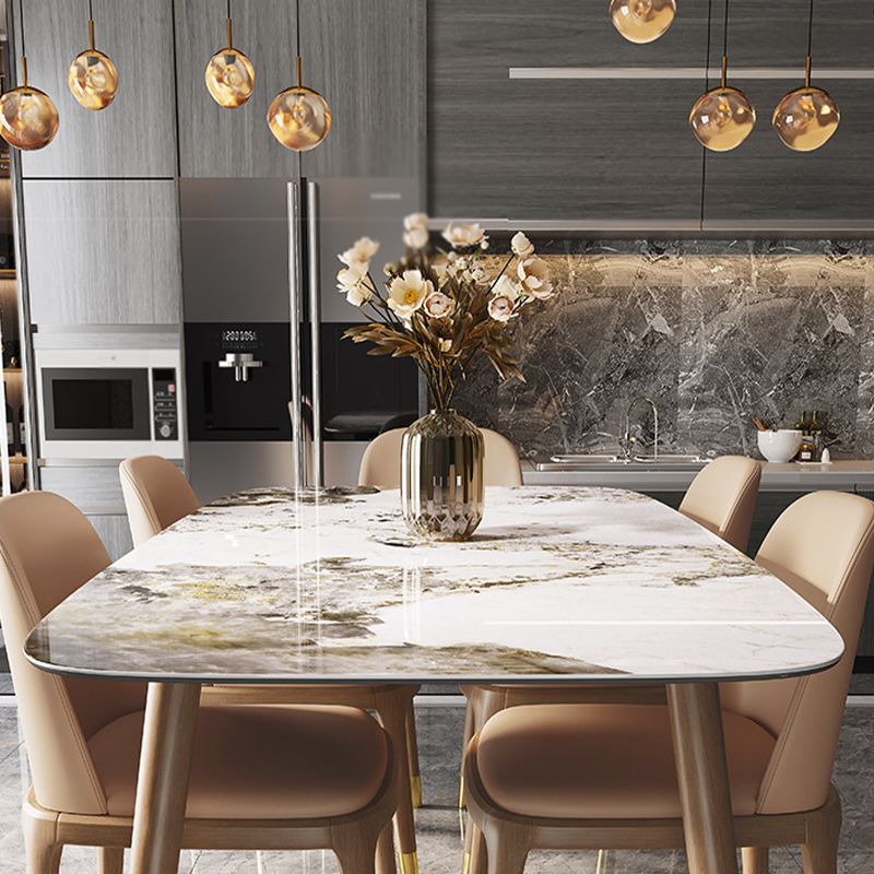 Gray Stone Top Dining Table Mid-Century Modern Dining Table with 4 Wood Legs