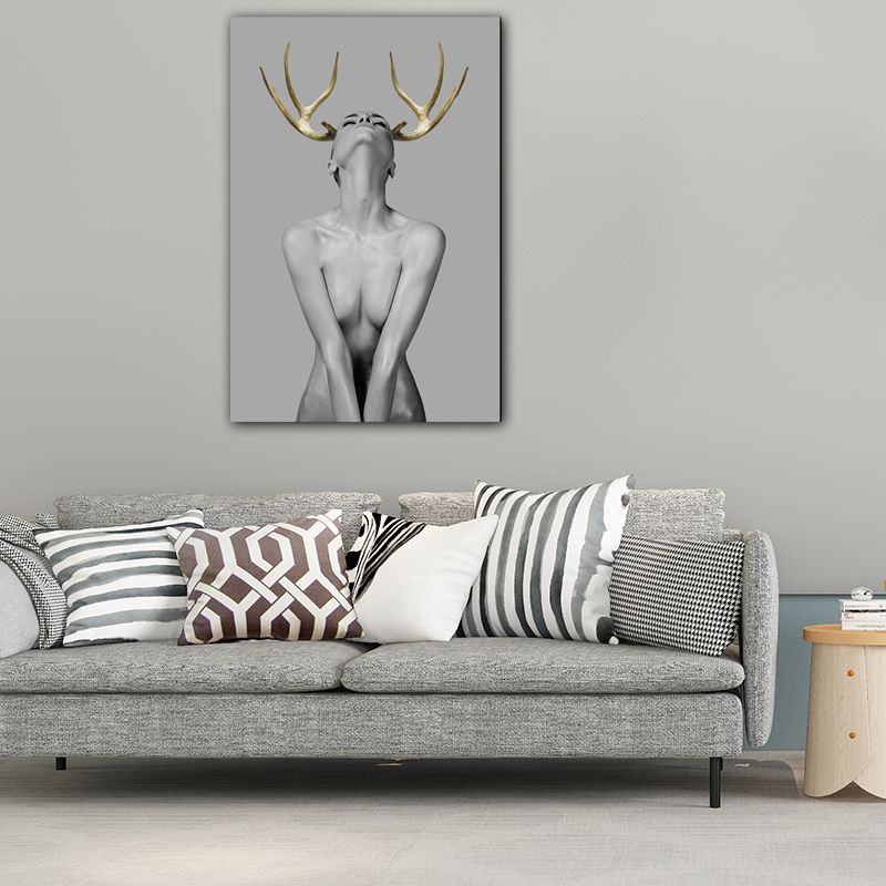 Woman with Antler Wall Art Textured Modern Style Dining Room Canvas Print in Gold