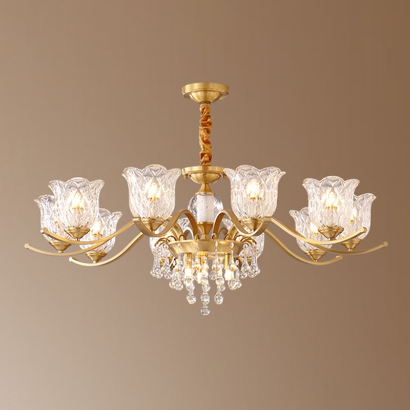 European Style Chandelier Brass Flower Shape Hanging Light with Crystal for Bedroom