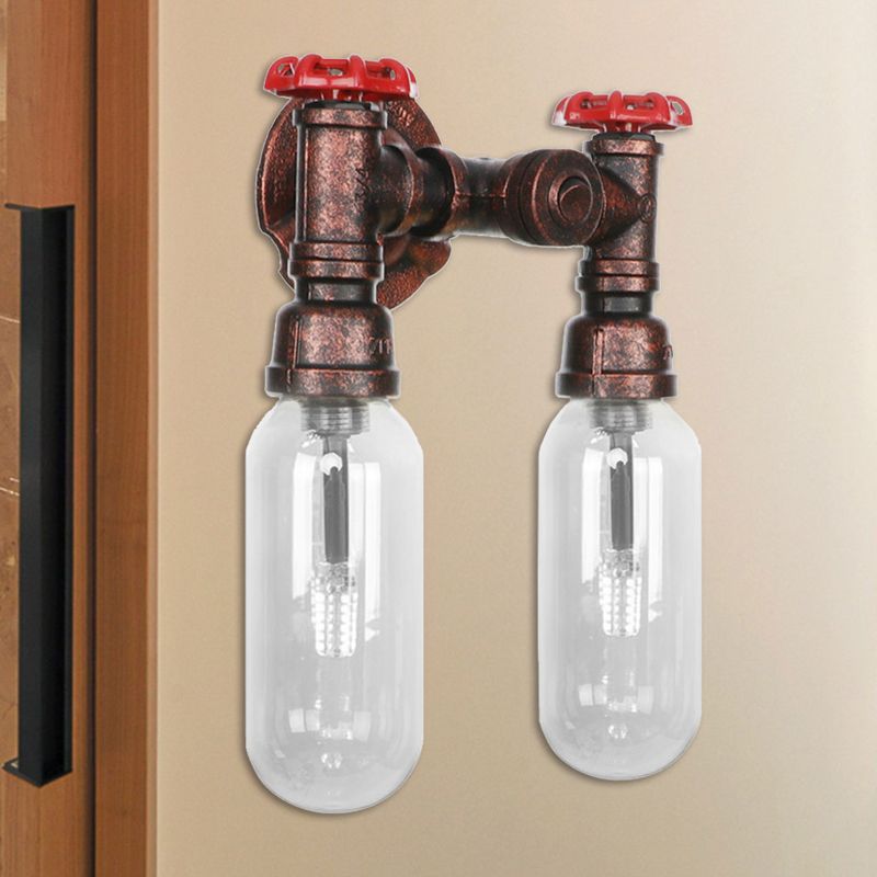 Clear Glass Capsule Sconce Lighting Industrial 2/4 Lights Bedroom Wall Mounted Pipe Light in Weathered Copper