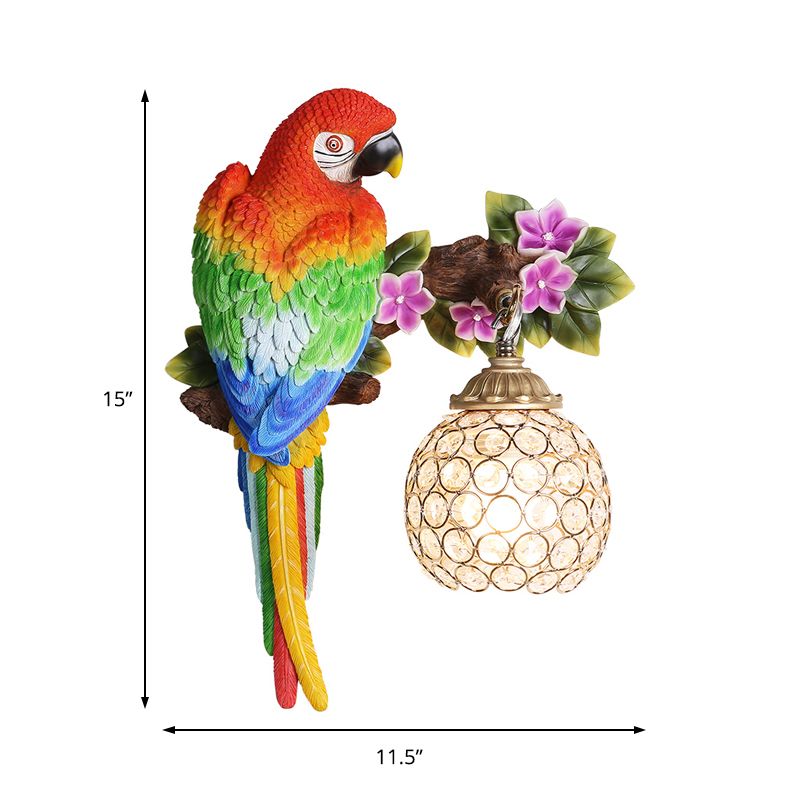 Loft Style Parrot Wall Sconce Resin 1 Head Wall Lighting with Dome Crystal Lampshade in Gold Finish, Right/Left
