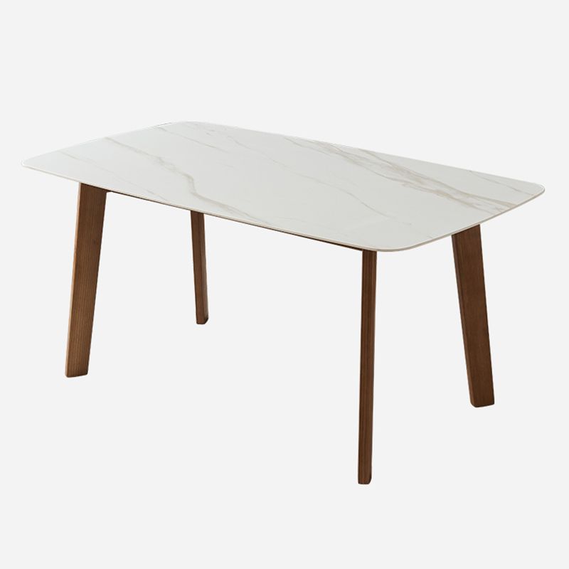 Mesa moderna de mediados de siglo de madera maciza, mesa rectangular de piedra sinterizada blanca