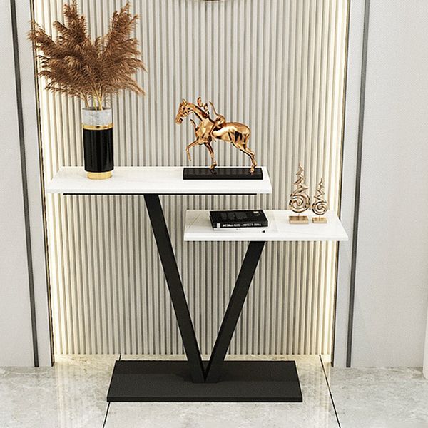 Contemporary Stone Console Sofa Table Rectangle End Table with Shelf for Hall