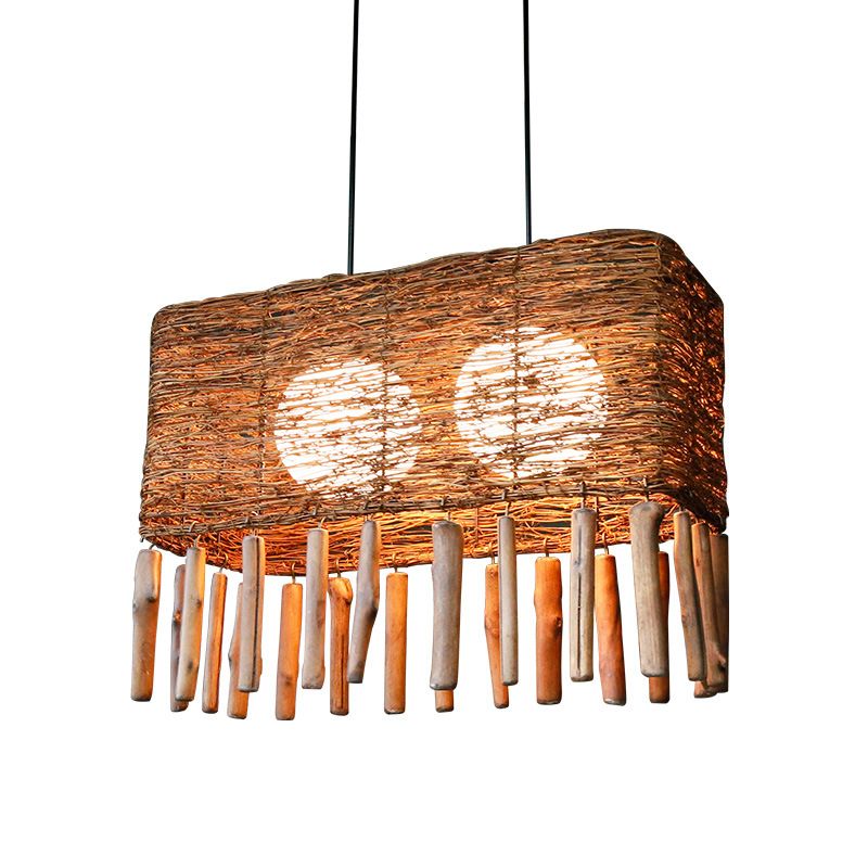 Rectangle Rattan Chandelier Light Chinese 2 Bulbs Brown Suspended Lighting Fixture