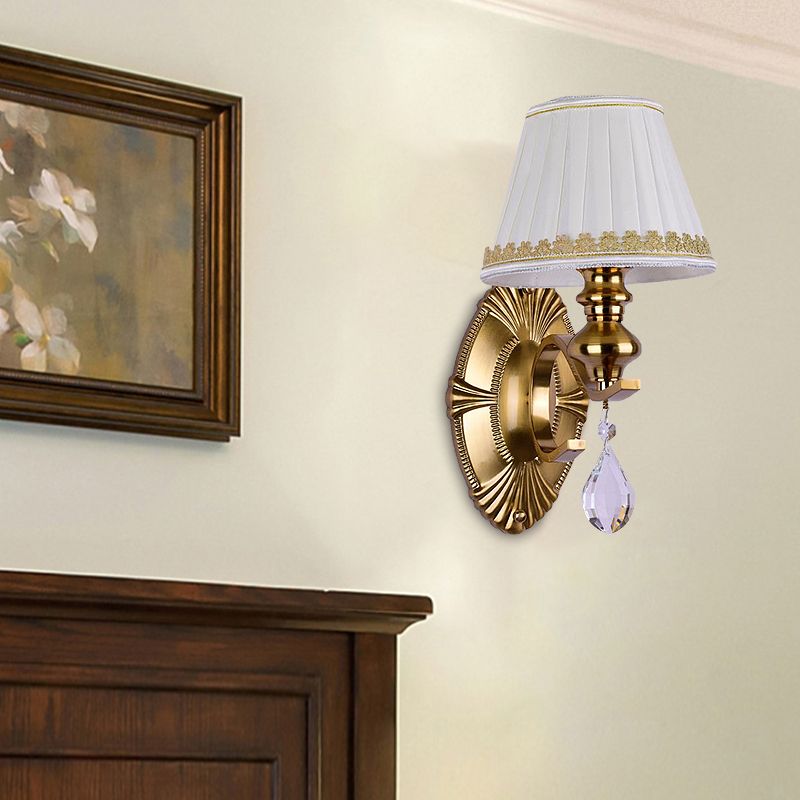 Fabric Gold Murce Garned Empire Shade 1/2-Light Vintage Wall Mount Lightture avec goutte à cristal transparent
