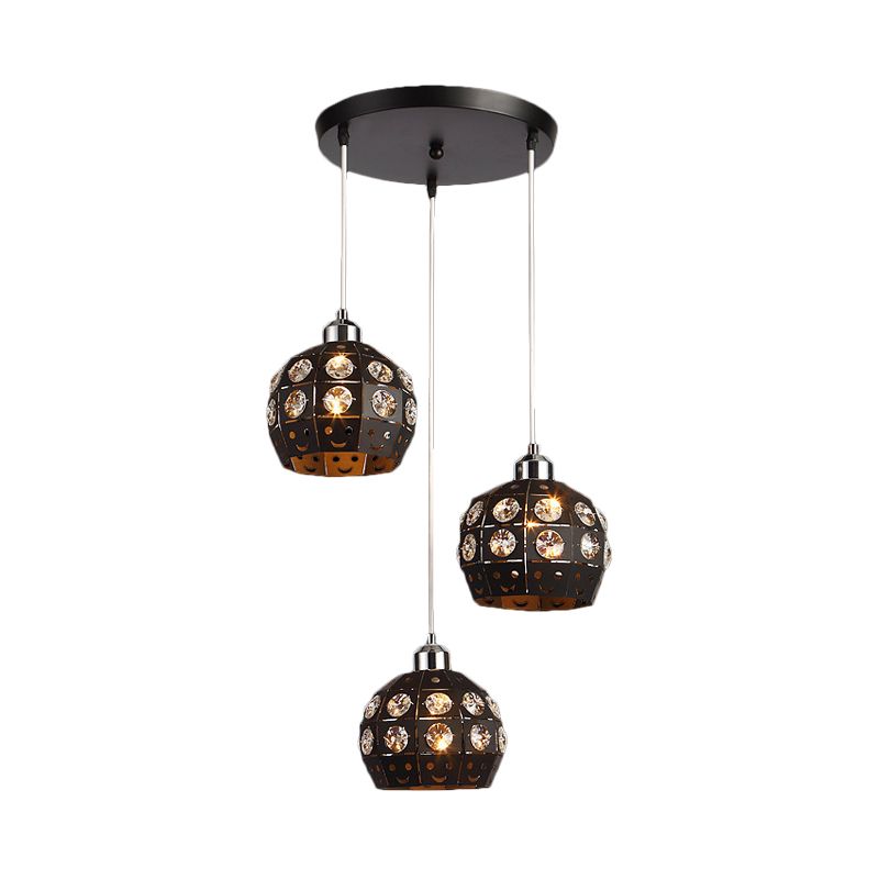 Dome Comedor de comedor Light Crystal incrustado 3 cabezas de lámpara de múltiples cabezas modernistas en negro