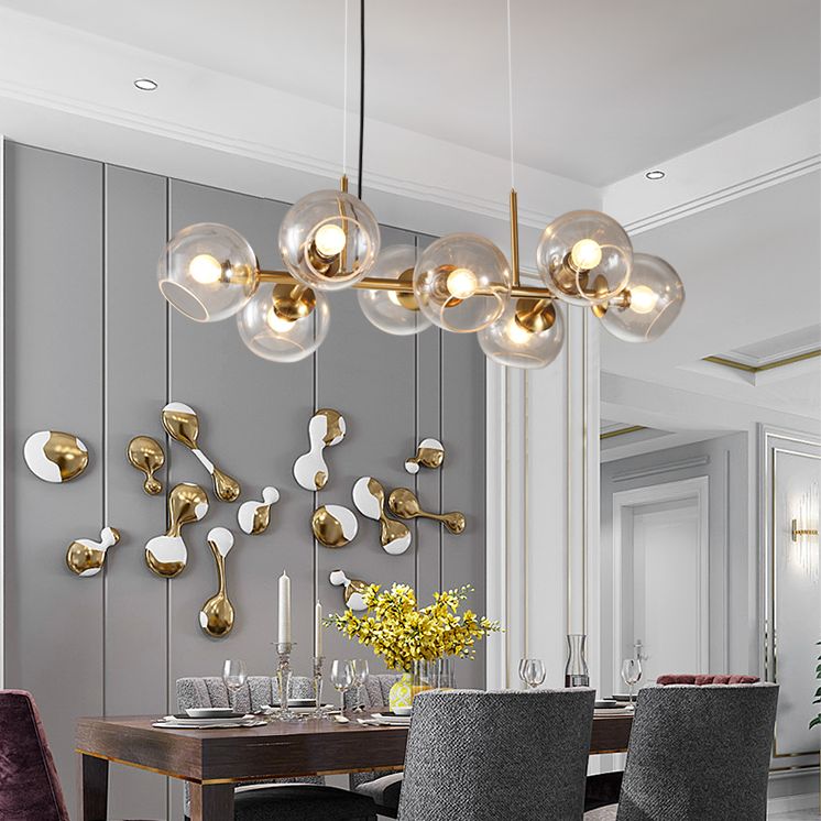 8 Light Mid-Century Gold Metal Island Pendant Lighting Spherical Glass Island Ceiling Light for Dining Table