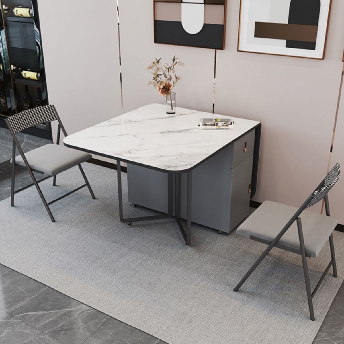 Modern Style Rectangle Dining Table Sintered Stone Drop-Leaf Dining Table with Black Frame