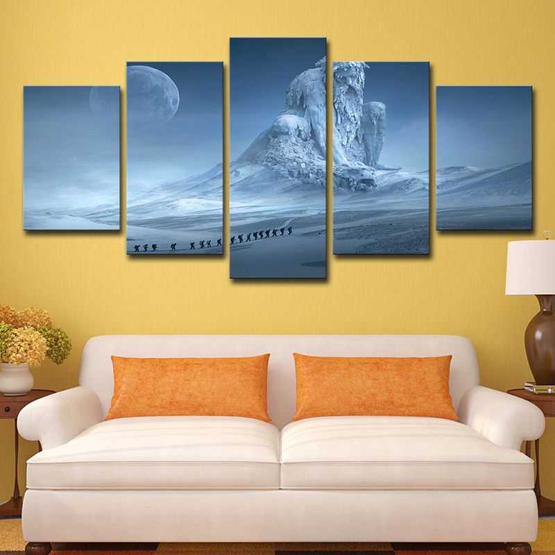 Digital Print Kids Canvas Wall Art with Moon Night Frozen God Scene in Blue for Room