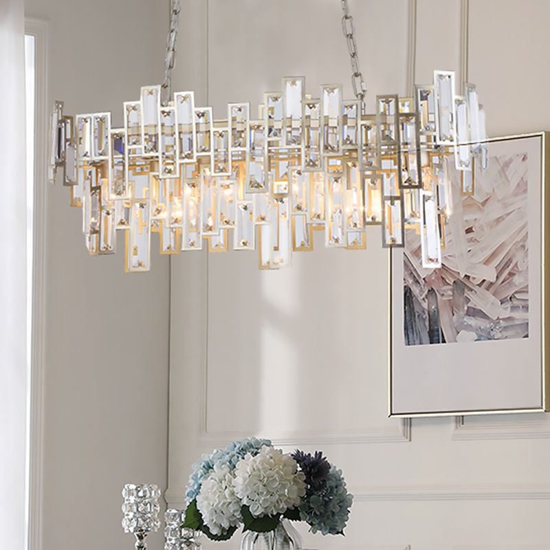 7 Bulbs Oval Frame Pendant Lamp Modern Black/Gold Clear Rectangular-Cut Crystals Encrusted Island Lighting