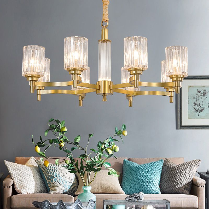 Prismatic Crystal Glass Brass Chandelier Cylindrical Minimalistic Suspension Light Fixture for Restaurant