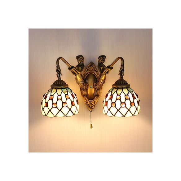 2 Heads Sconce Lighting Tiffany Curve Arm/Mermaid Beige Glass Wall Mount Light with Pull Chain Switch