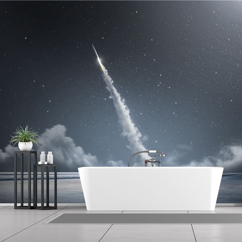 Starry Sky Rocket Wallpaper Mural Futuristic Non-Woven Material Wall Decor in Blue-White