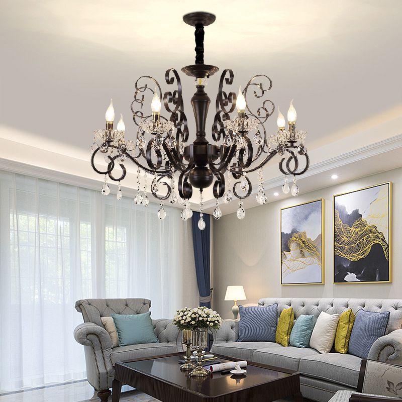 Black Chandelier Lamp Vintage Metal Candle Chandelier Lighting Fixtures with Crystal Drop