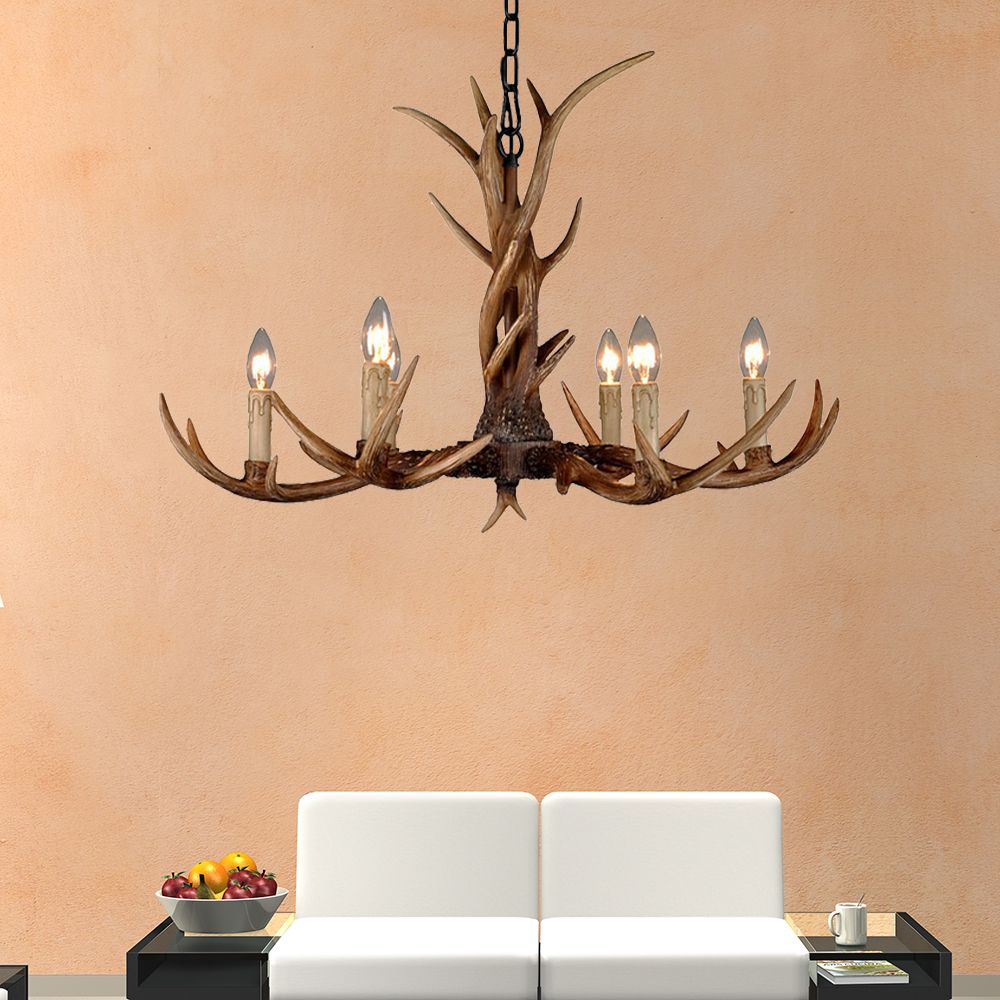 Countryside Faux Antler Hanging Pendant 6/8/10 Lights Resin Ceiling Chandelier in Brown for Living Room