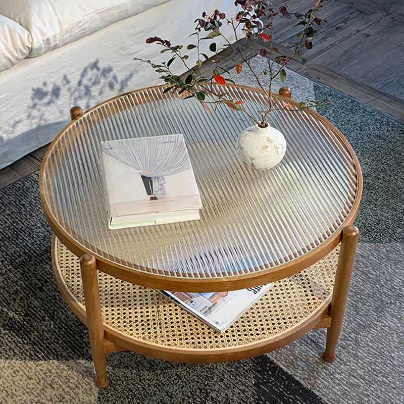 Modern Wood 4 Legs 1 Coffee Table with Shelf Round Glass Table