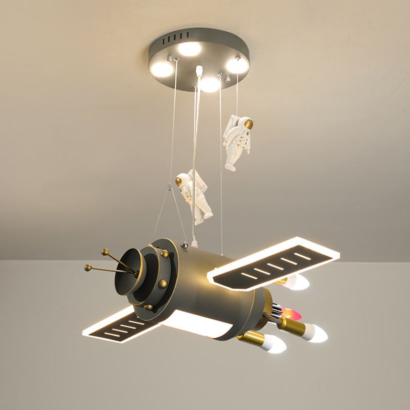 Grey Spacecraft LED Chandelier Cartoon Metal Hanging Pendant Light for Kids Bedroom