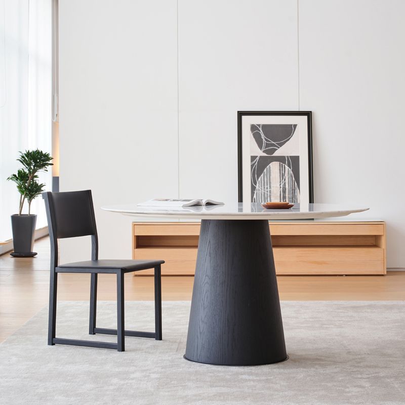 Modern Round Dining Table White Stone Tabletop with Wood Pedestal Base