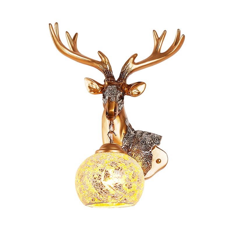 1 Light Wall Lamp Classic Deer Head Resin Sconce Light Fixture in Gold for Bedroom with Orb Glass Shade, Right/Left