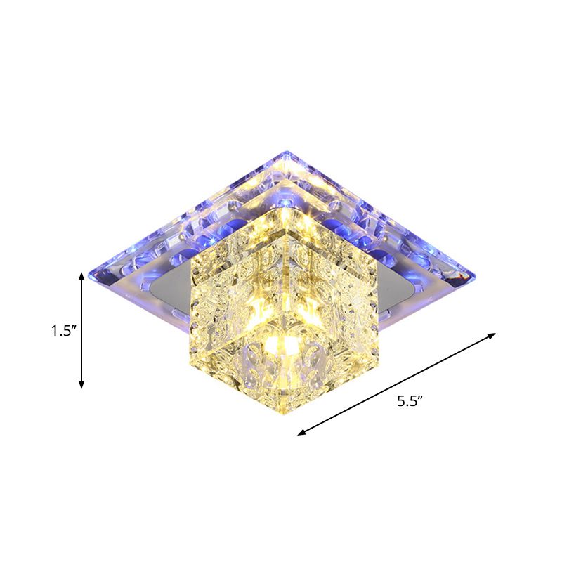 Cube Shade Hallway Flush Mount Fixture Clear Crystal LED Contemporary Ceiling Lighting in Chrome