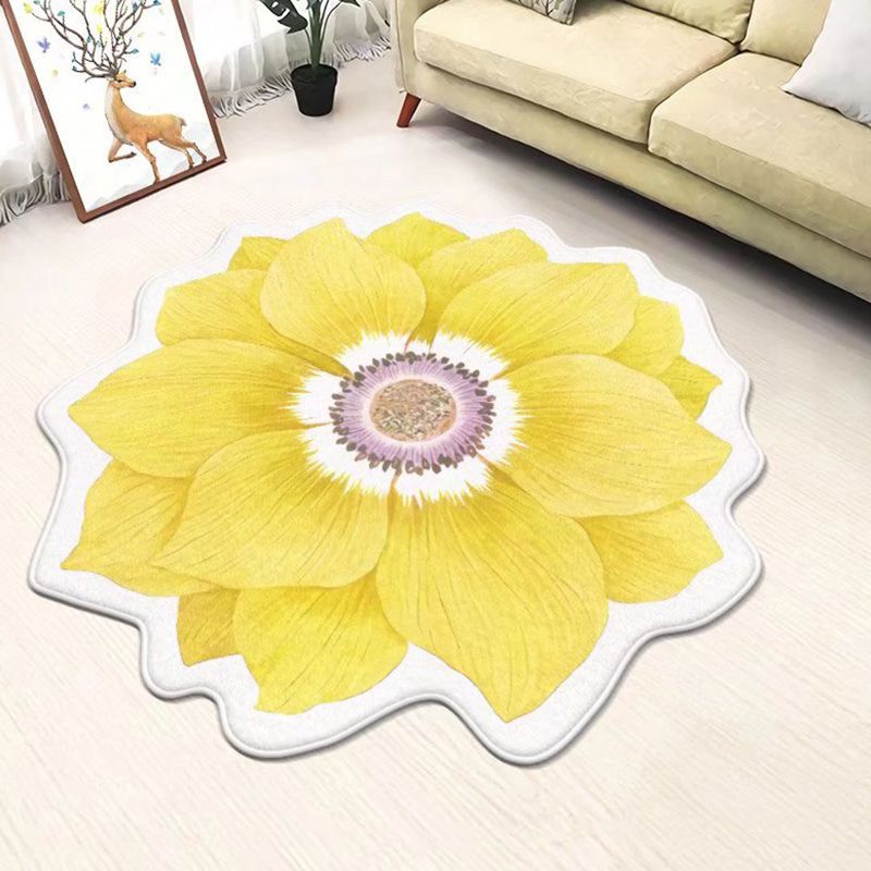 Yellow Casual Rug Polyester Flower Area Rug Non-Slip Backing Rug for Living Room