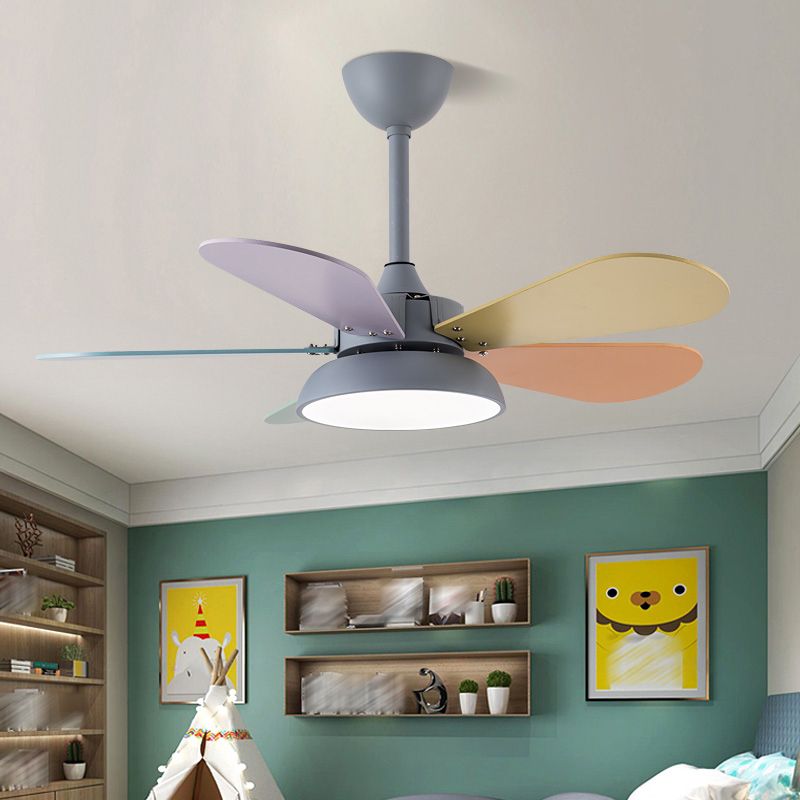 Colorful Round Hanging Fan Light Macaron Style Metal Bedroom LED Semi Flush Mount Lamp