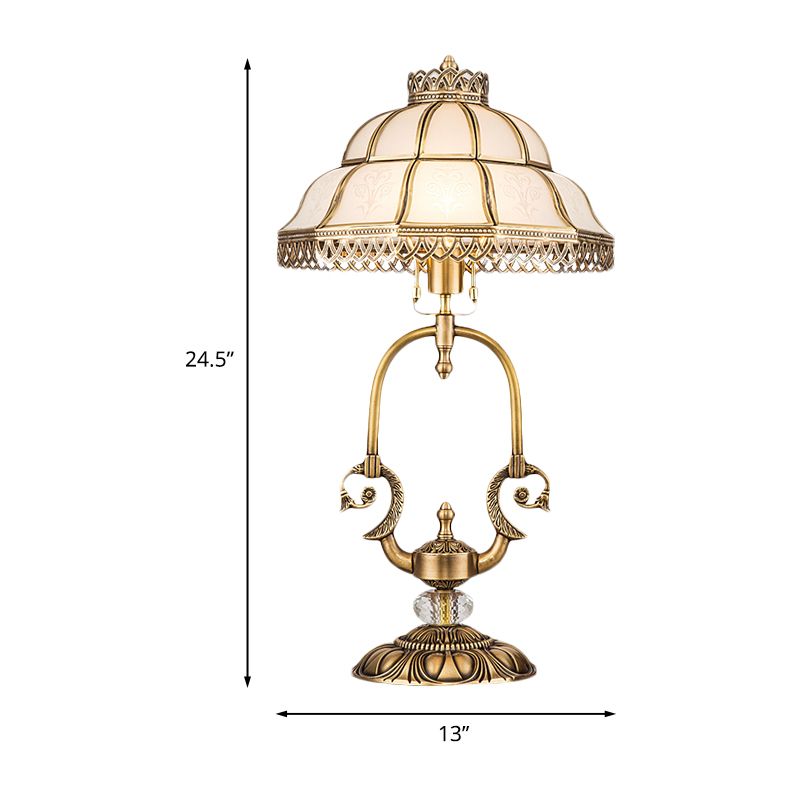 1/2-Light Dome/Bowl Night Lamp Traditional Gold Finish White Glass Nightstand Light with Peacock/Elliptical Frame Design
