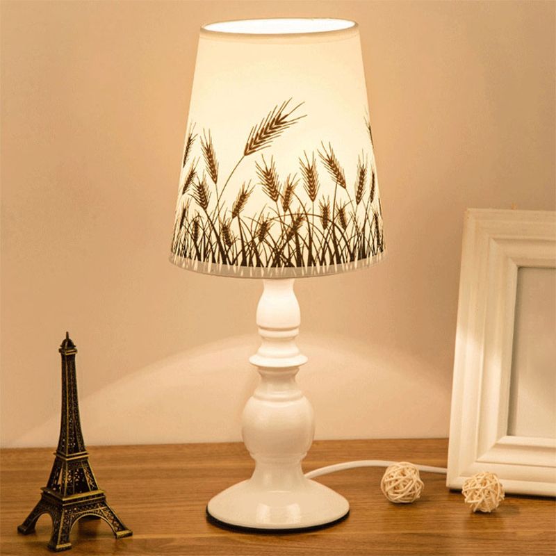 White 1��Head Table Lighting Classic Patterned Fabric Bucket Nightstand Lamp with Baluster Base