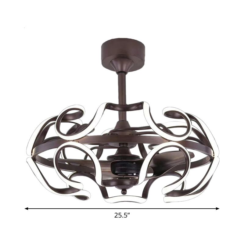 3-blade kooi metalen semi-spoelplafondlicht eenvoudig 25,5 "brede led koffiehangende ventilatorlamp