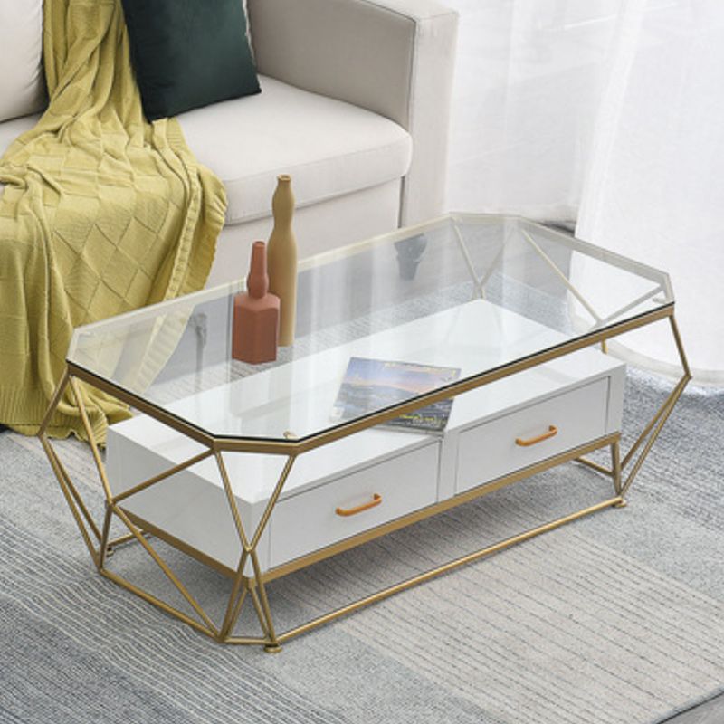 Glam Coffee Table with Glass/Marble Top and 2 Drawers and Iron Base