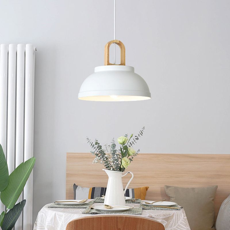 Metal Bowl Hanging Lighting Modernism 1 Bulb Ceiling Suspension Lamp in Grey/White with Wood Handle